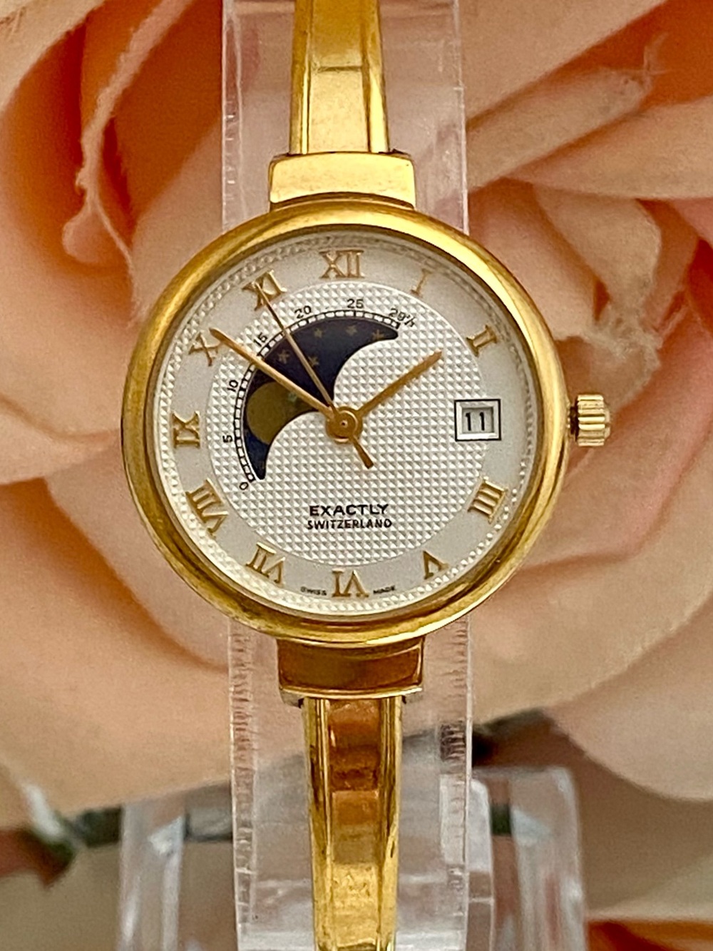 Vintage Exactly Swiss Made Hinged Bangle Moon Phase Watch Roman Numerals
